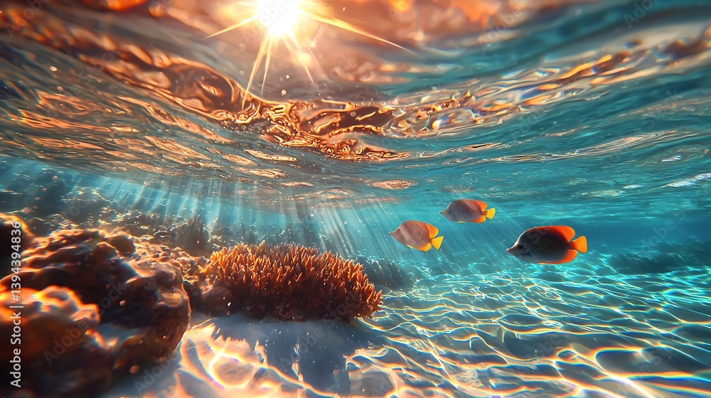Underwater scene featuring sunlight and several tropical fish