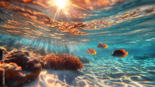 Obraz na płótnie Underwater scene featuring sunlight and several tropical fish w salonie