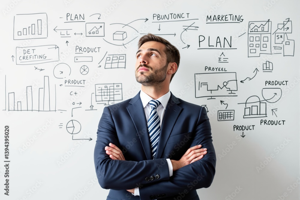 Confident businessman in suit standing with crossed arms in front of whiteboard filled with business strategy sketches and marketing concepts. Confident businessman in suit standing with crossed arms in front of whiteboard filled with business strategy sketches and marketing concepts.