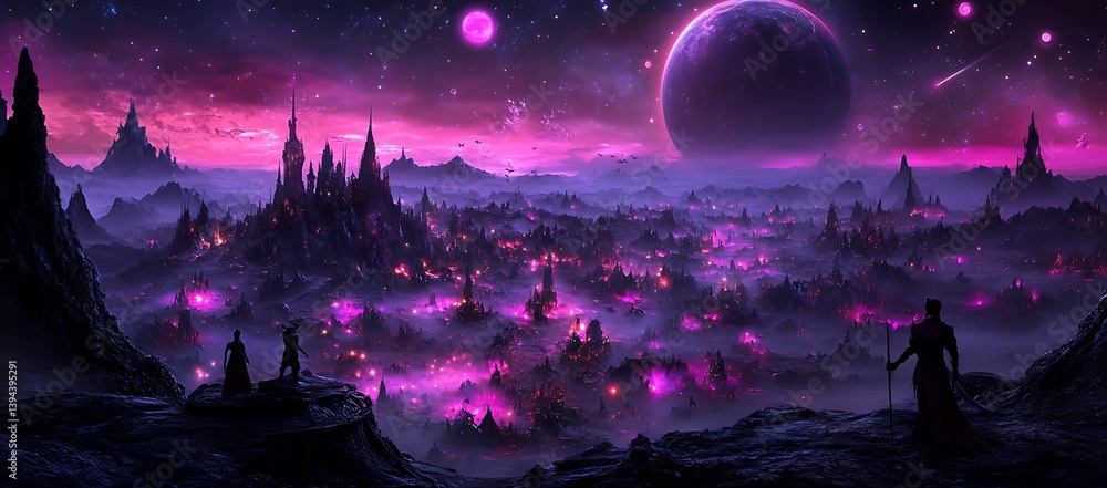 A magnificent fantasy landscape of towers and a celestial display