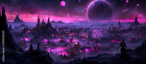 Obraz na płótnie A magnificent fantasy landscape of towers and a celestial display w salonie