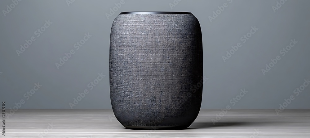 A cylindrical speaker displays a textured fabric covering its outer surface