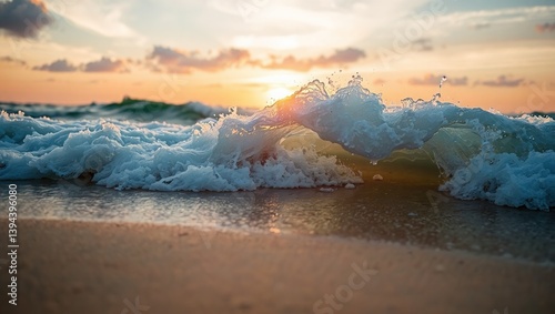 Golden Hour Waves Crashing on Sandy Shore