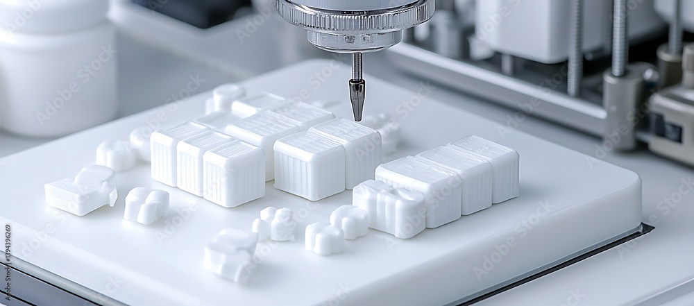Automated machinery precisely creates white objects on a clean platform