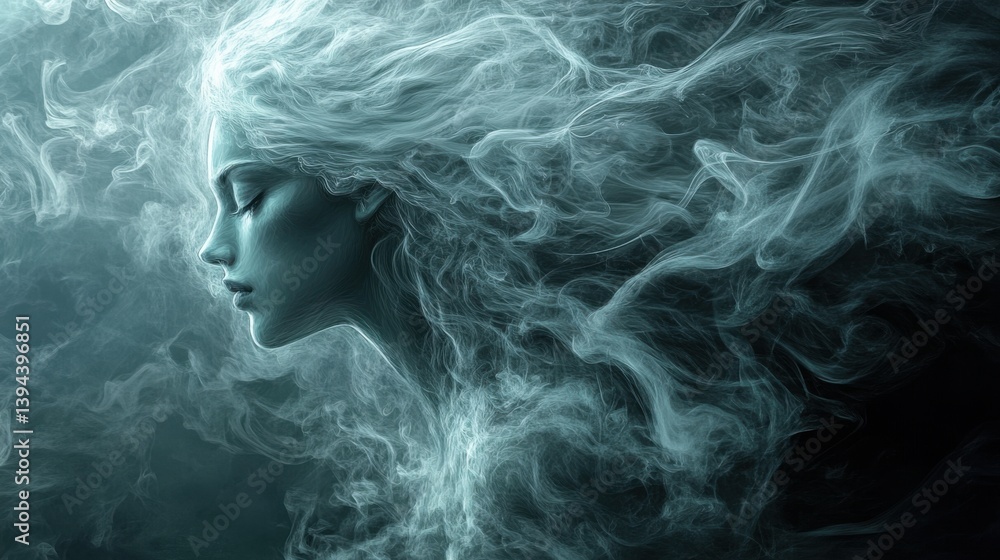 A mystical figure emerges from swirling smoke, blending beauty and ethereality in an enchanting, dreamlike atmosphere. A mystical figure emerges from swirling smoke, blending beauty and ethereality in an enchanting, dreamlike atmosphere.