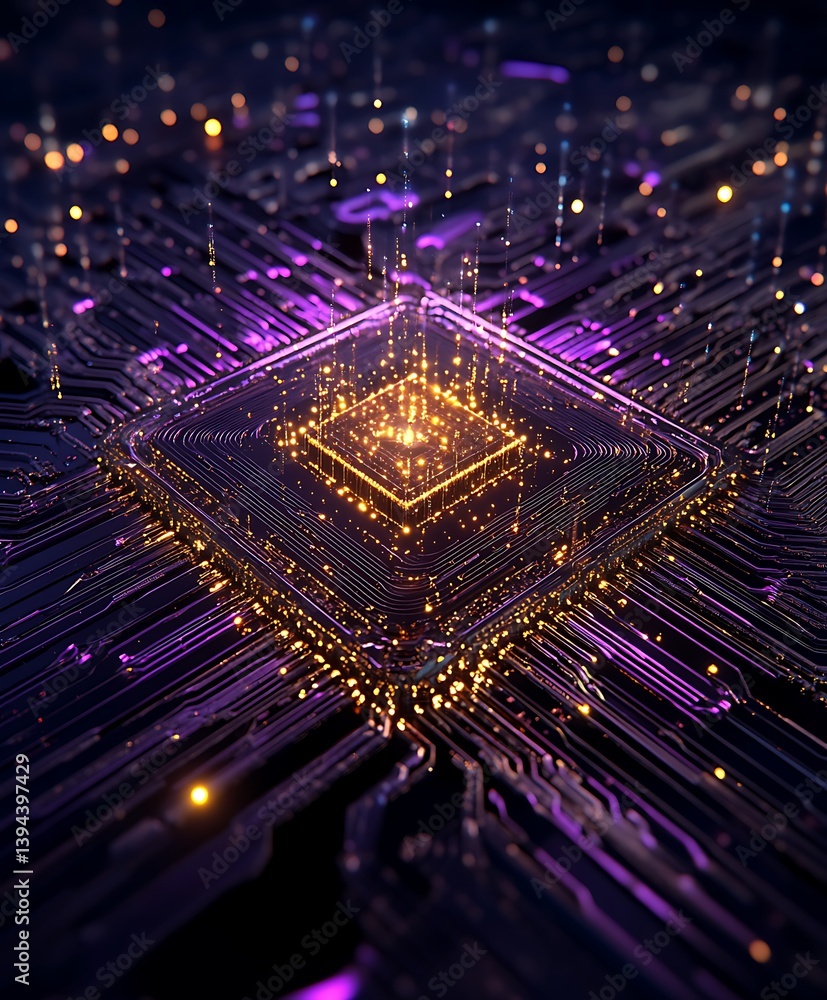 An illuminated computer chip with circuits and energy pathways is visualized