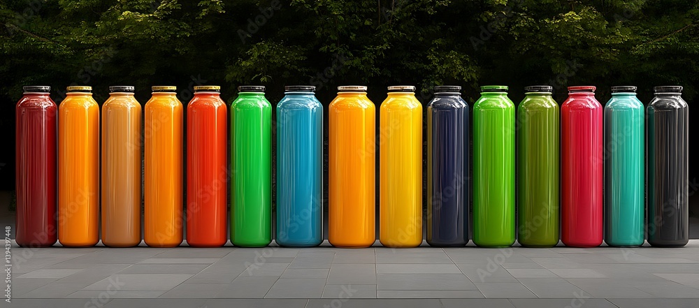 Array of colorful liquid bottles arranged in a neat horizontal line