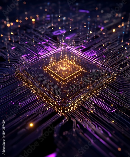 Obraz na płótnie An illuminated computer chip with circuits and energy pathways is visualized w salonie