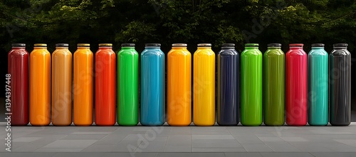 Obraz na płótnie Array of colorful liquid bottles arranged in a neat horizontal line w salonie