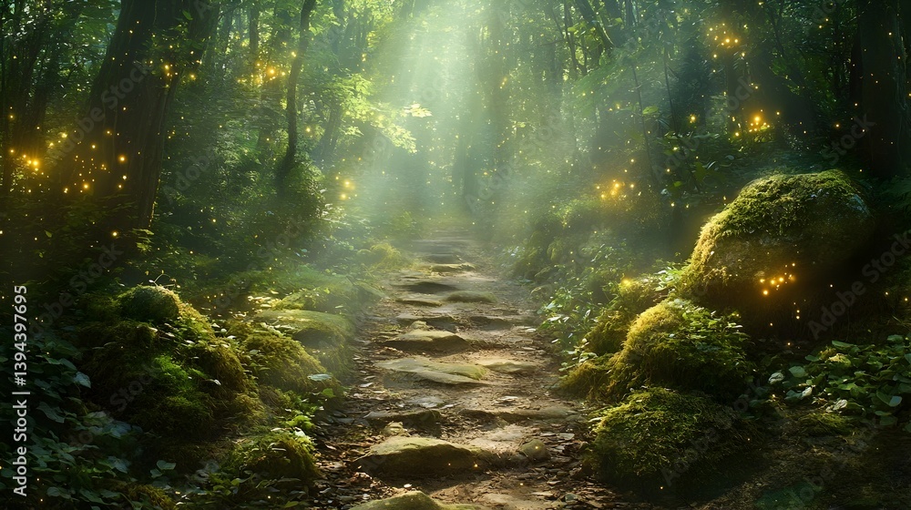 Obraz premium Enchanted Forest Pathway with Glimmering Fairy Lights and Dreamy Soft Focus