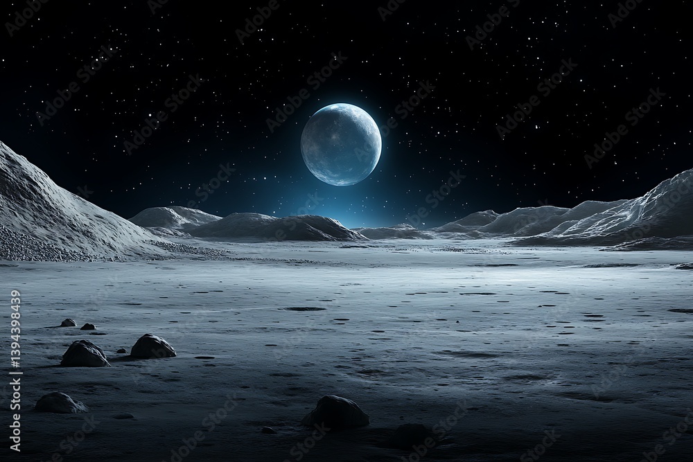 A nighttime landscape of a lunar surface and its vibrant moon