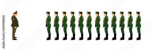 Army general officer in uniform against troops saluting vector illustration isolated. Russian marshal. Patriot soldier military commander. Marsh ceremonial procession. Military parade brave hero man.