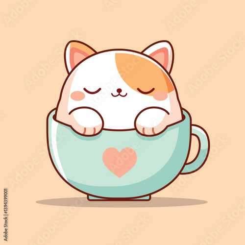 Cute cartoon vector icon illustration of a chubby cat sleeping in a teacup. Animal Nature Icon Concept Isolated Premium Vector. Flat Cartoon Style