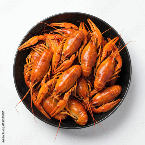 Boiled crawfish arranged on black plate on white background