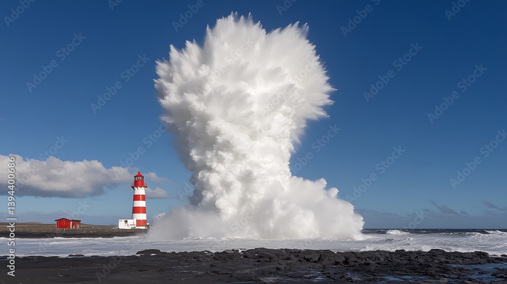 A large wave exploding near a lighthouse on a sunny day