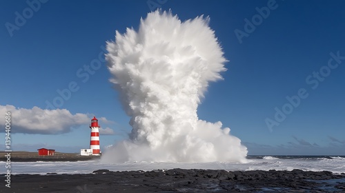 Obraz na płótnie A large wave exploding near a lighthouse on a sunny day w salonie