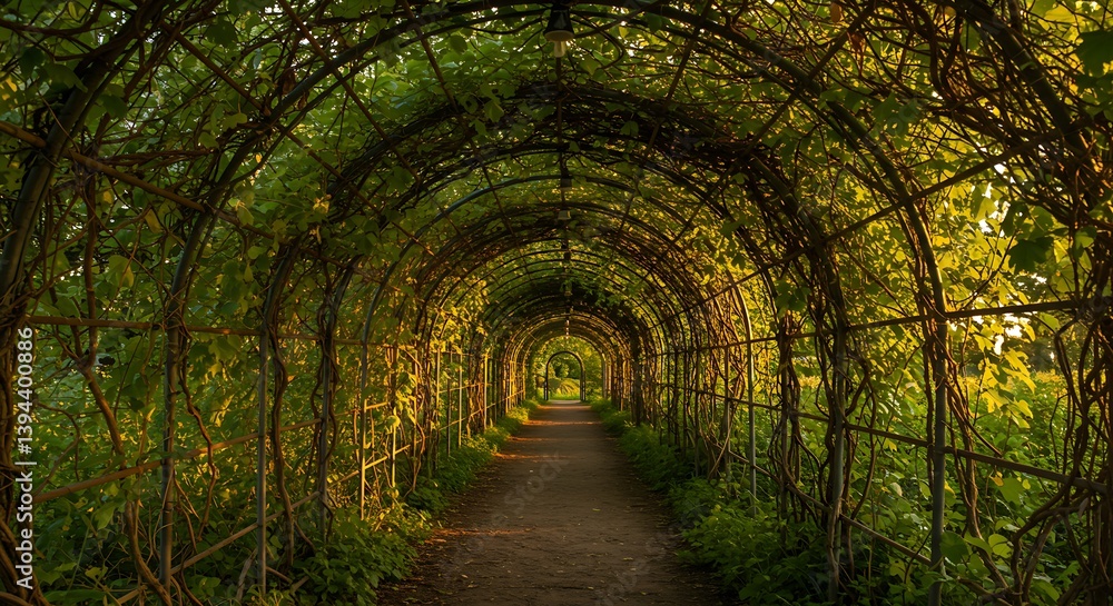Walking Through Vine Tunnel in Garden with Sunlight and Pathway Walking Through Vine Tunnel in Garden with Sunlight and Pathway