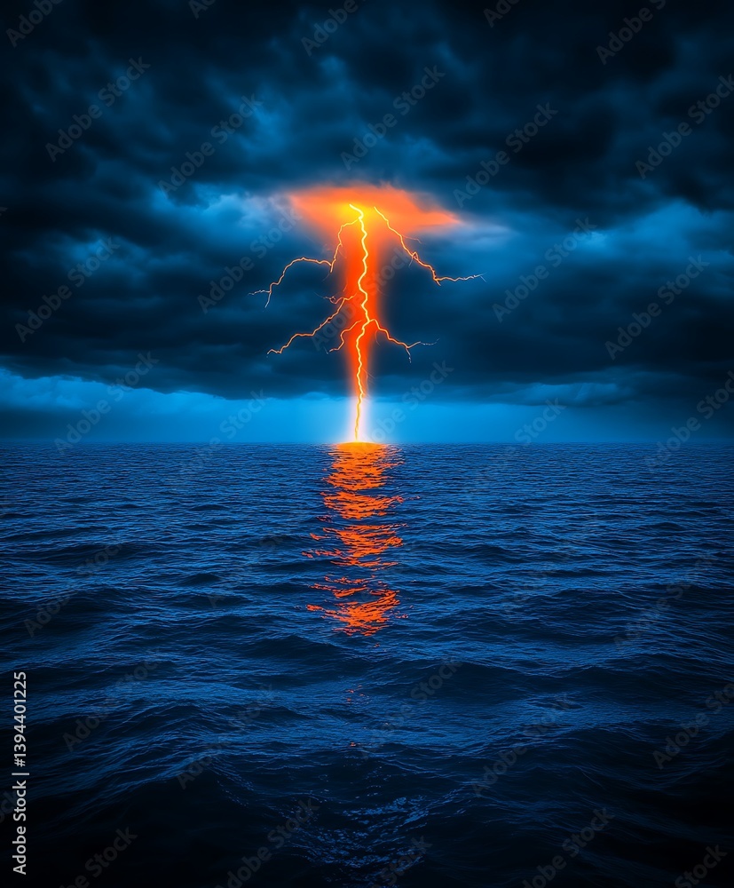 A dramatic ocean scene shows powerful lightning striking the water