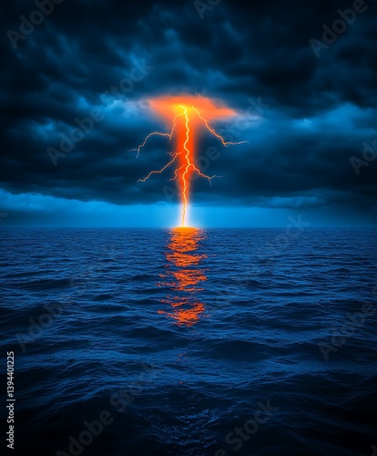 Obraz na płótnie A dramatic ocean scene shows powerful lightning striking the water w salonie