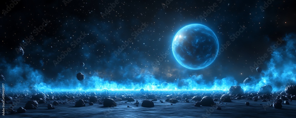 A celestial panorama features a blue planet in deep space with stardust