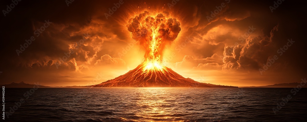 A dramatic volcanic eruption unfolds with intense fire and energy