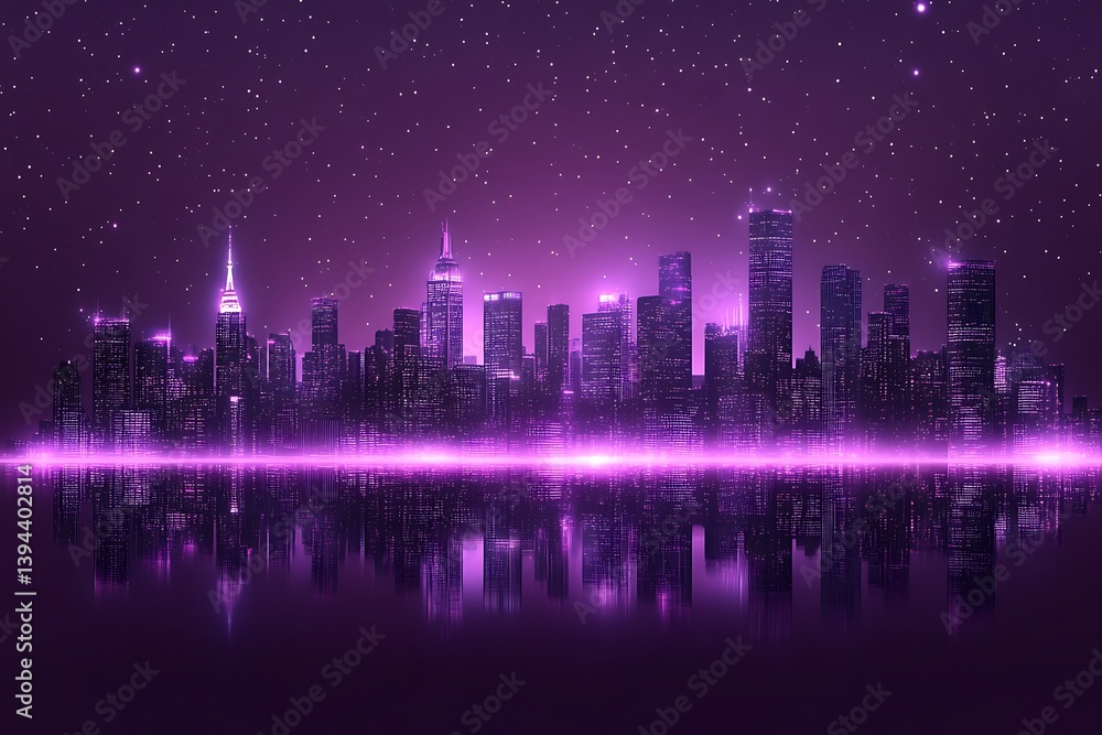 A Futuristic Urban Cityscape Reflected in Calm Waters Under Starlight
