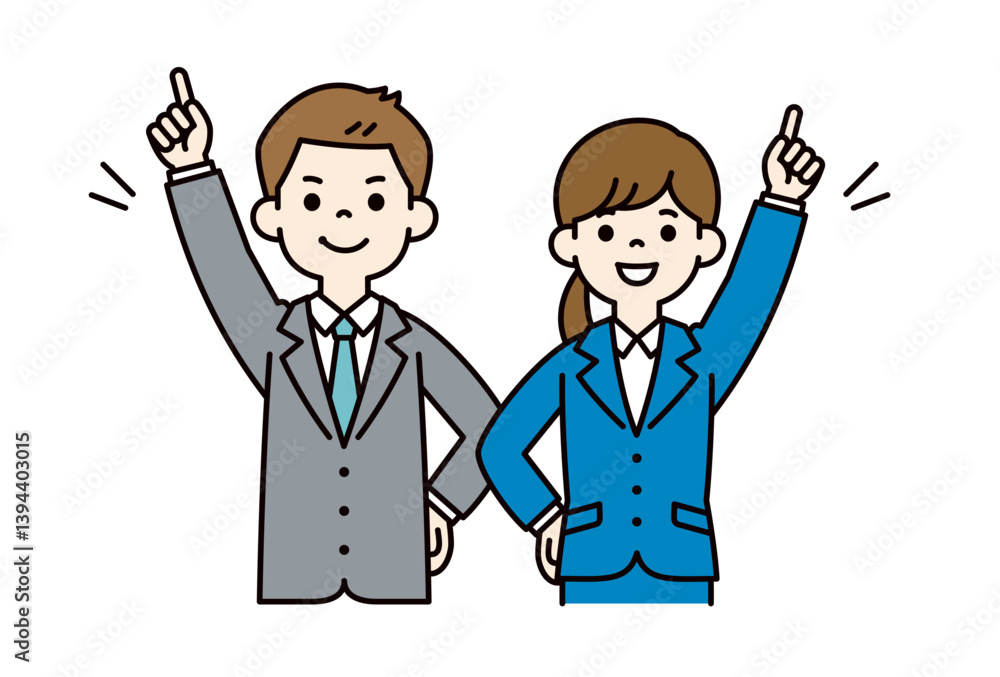 目標を指さす、若い男女の会社員のベクターイラスト素材＿線の編集可能＿カラー