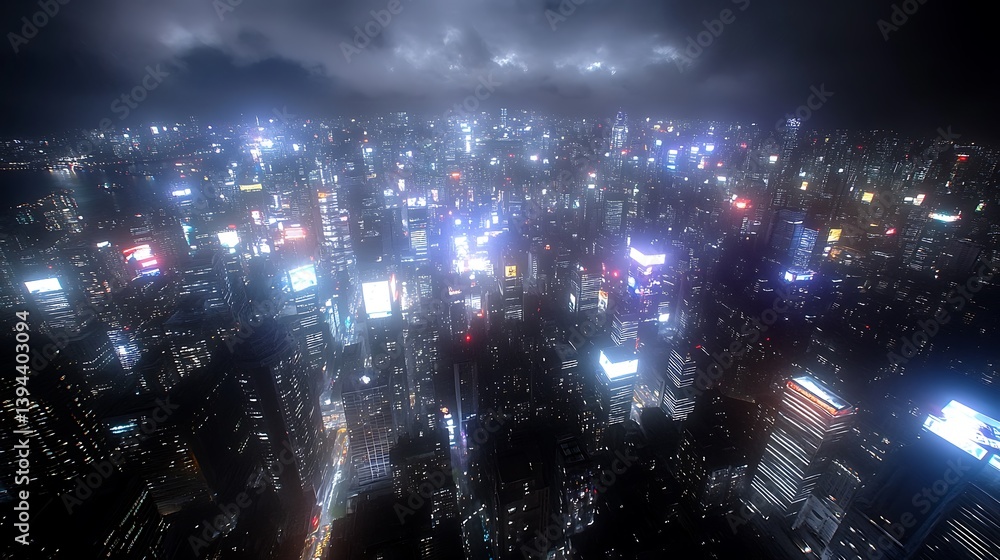 A high aerial view of a brightly lit modern city