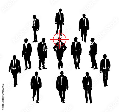Bodyguards observe duty. Guard watch VIP protect person vector silhouette illustration isolated. Businessman president escort. Agents care politician client safety against assassination target aiming.
