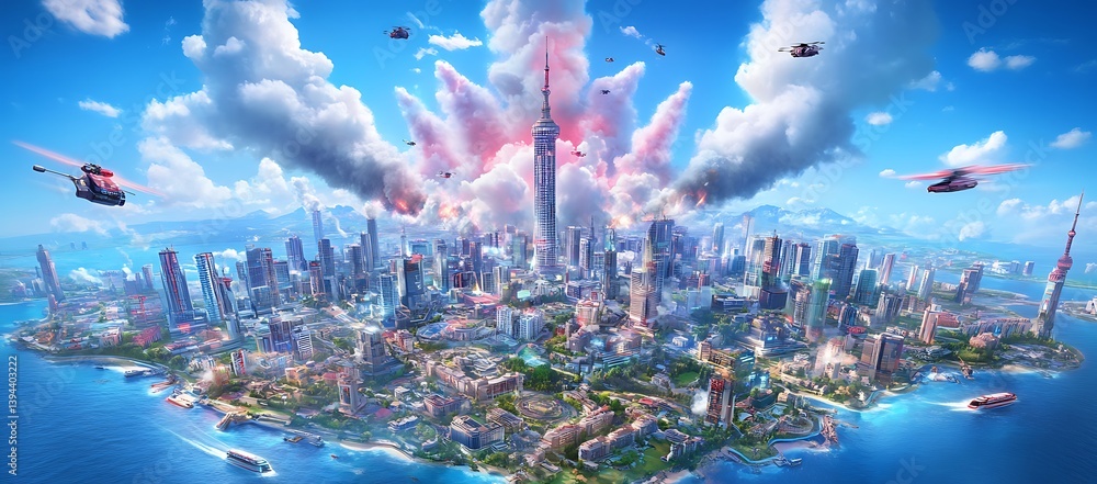 Futuristic cityscape with flying vehicles under a dramatic cloudy sky
