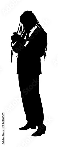 Businessman with mobile phone talk vector silhouette isolated. Handsome man in suite tie. Elegant male busy manager. Yuppie appoints meeting with client out office. Contract business communication.