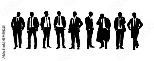 Business people with hand in pocket vector silhouette isolated. Handsome man suite tie. Elegant male busy manager shape. Yuppie businessman meeting with client out office. Contract deal communication.