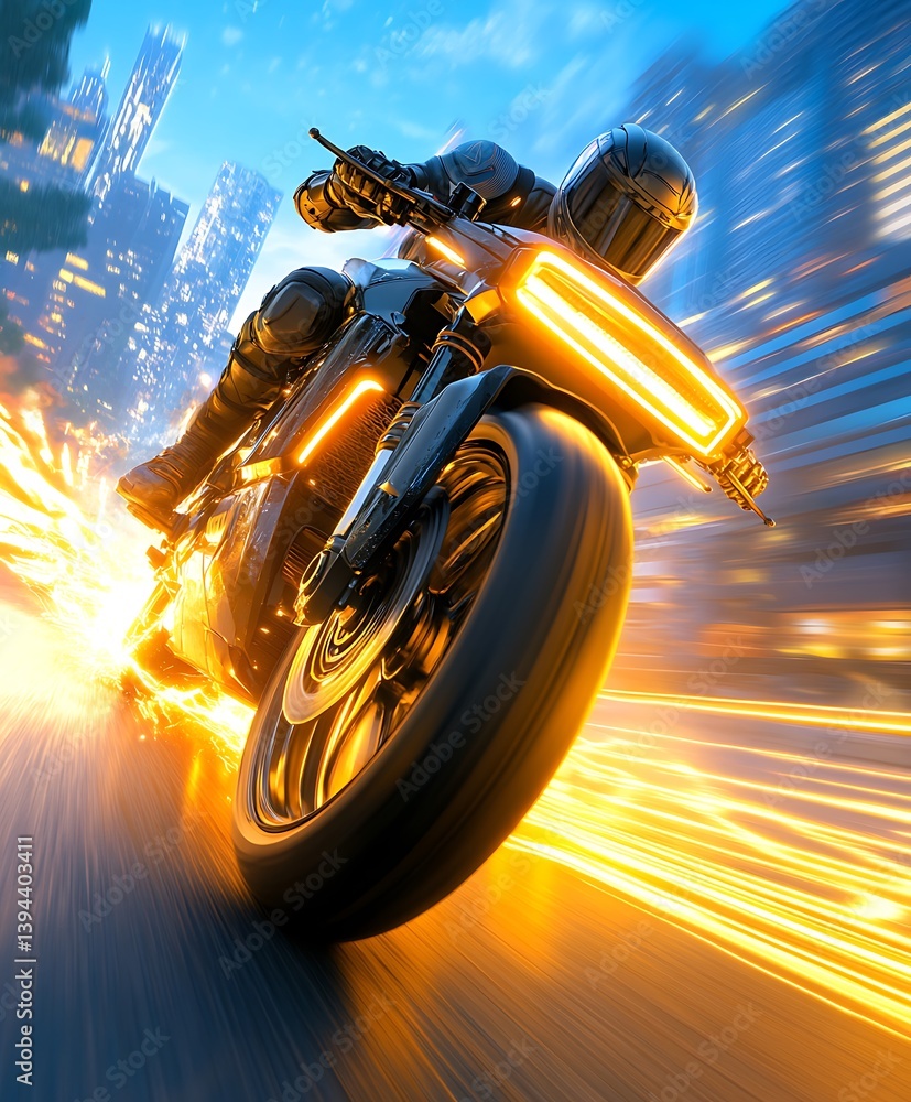 A futuristic motorcycle rider speeds through a glowing cityscape at night