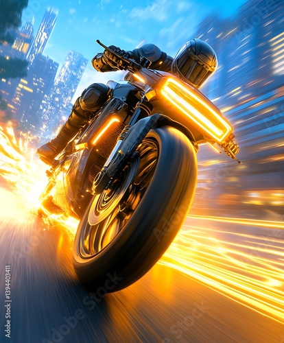 Obraz na płótnie A futuristic motorcycle rider speeds through a glowing cityscape at night w salonie