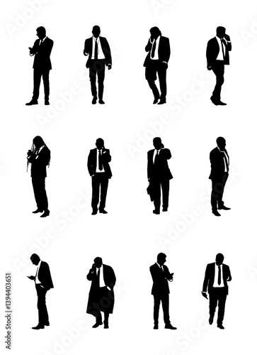 Business people with mobile phone talk vector silhouette isolated. Handsome man suite tie. Elegant male busy manager. Yuppie businessman meeting with client out office. Contract deal communication.
