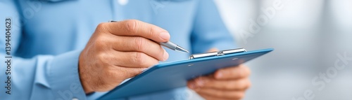 A person holding a clipboard and pen, appearing focused on taking notes or completing a task in a professional setting.