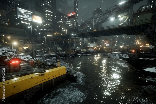 A rainy night urban cityscape featuring water and architecture