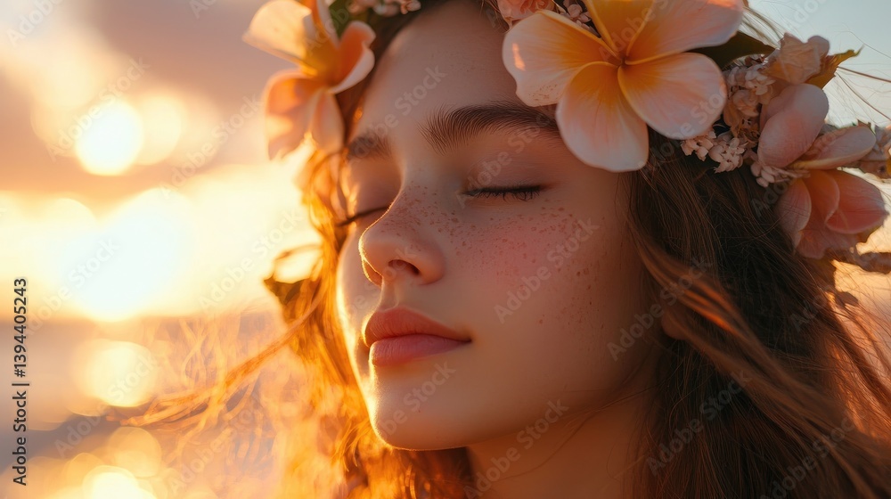 Fototapeta premium Serene Beauty of a Young Woman with Flower Crown at Sunset Beach