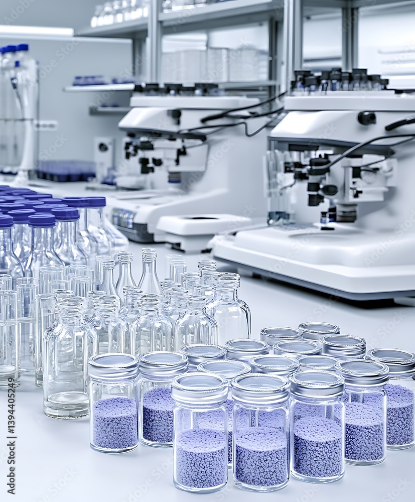 Laboratory equipment and samples are arranged on a clean countertop