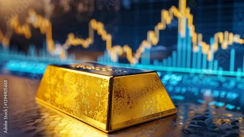 A gold bar resting on a reflective surface with stock market graphs in the background, symbolizing wealth and investment.