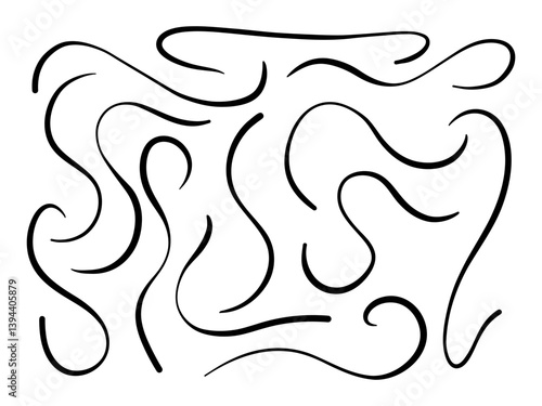 Elegant Abstract Curved Line Art. A collection of 13 abstract curved line elements with graceful loops flowing motion and minimalist contours perfect for modern and elegant designs