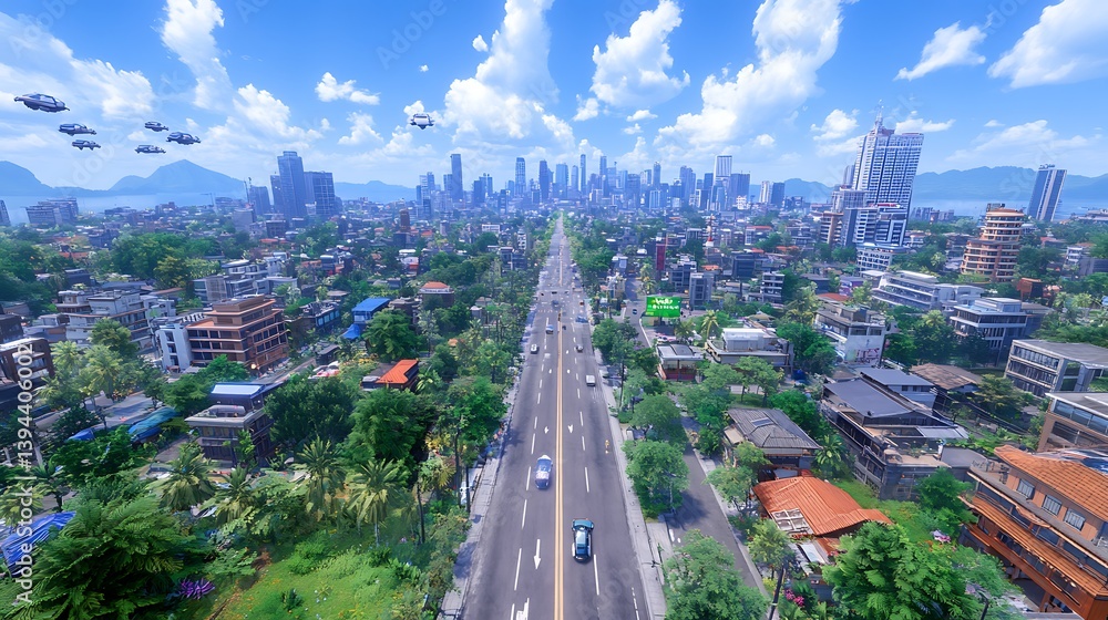 An aerial view of a large city and a long road