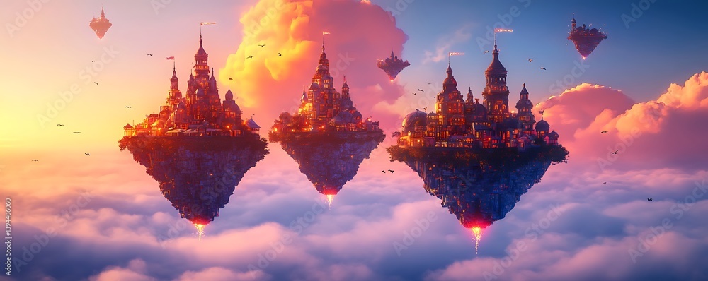 Fototapeta premium Floating Cities in Sunrise Cloudscape