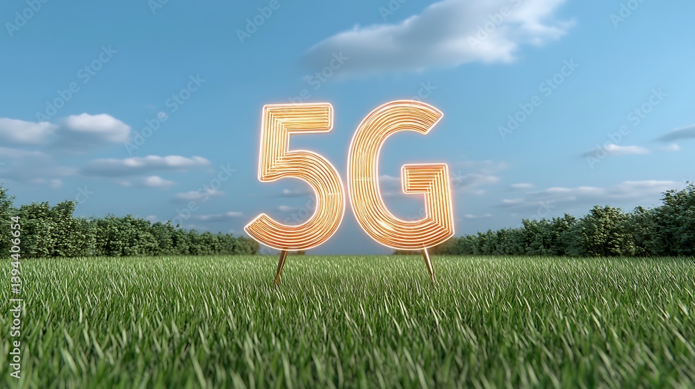 Illuminated 5G technology symbol displayed in a grassy natural landscape