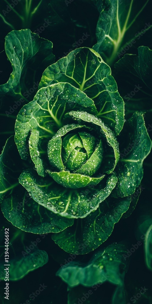 Fototapeta premium Close Up Of Fresh Savoy Cabbage With Water Droplets Growing In Dark Soil, Vibrant Green Leaves