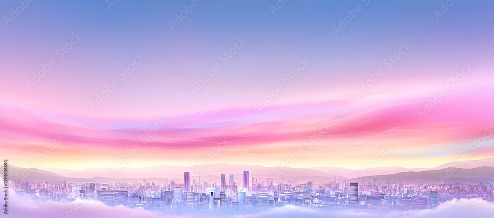 A beautiful city skyline depicted under a colorful sunset sky