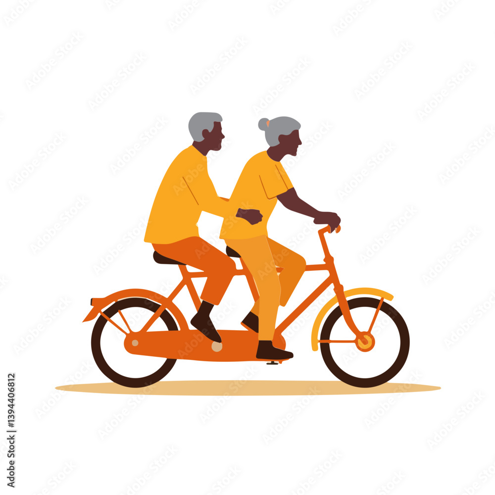 Naklejka premium Active grandparents on vacation. Elderly African American couple joyfully riding an orange tandem bike. Symbolizes active aging, partnership, shared life journey, and lasting love in retirement. 