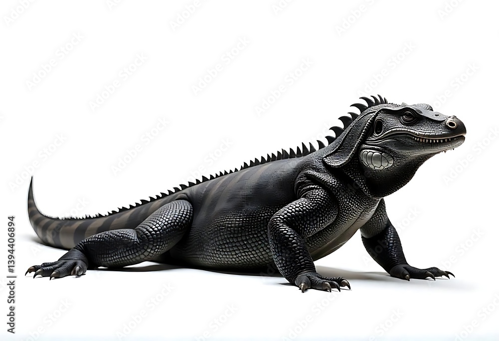Fototapeta premium Generative AI presents a close up of a striking black Iguana on white