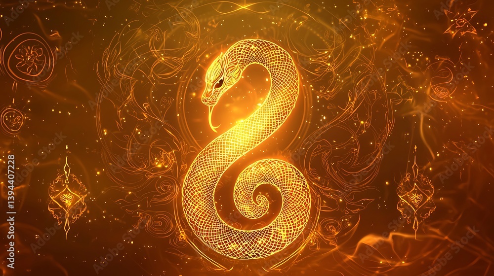 A Glowing Golden Illustration of a Serpent with Intricate Details