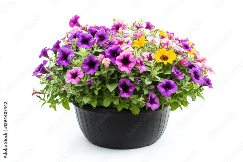 Petunias and yellow flowers in a pot on a white background Petunias and yellow flowers in a pot on a white background